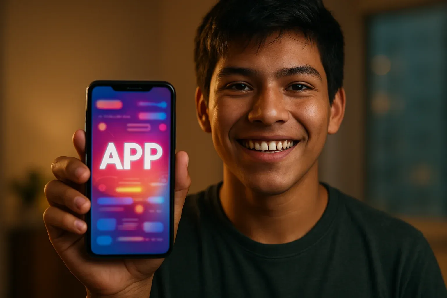 Joven boliviano sonriente mostrando smartphone con app colorida frente a cámara