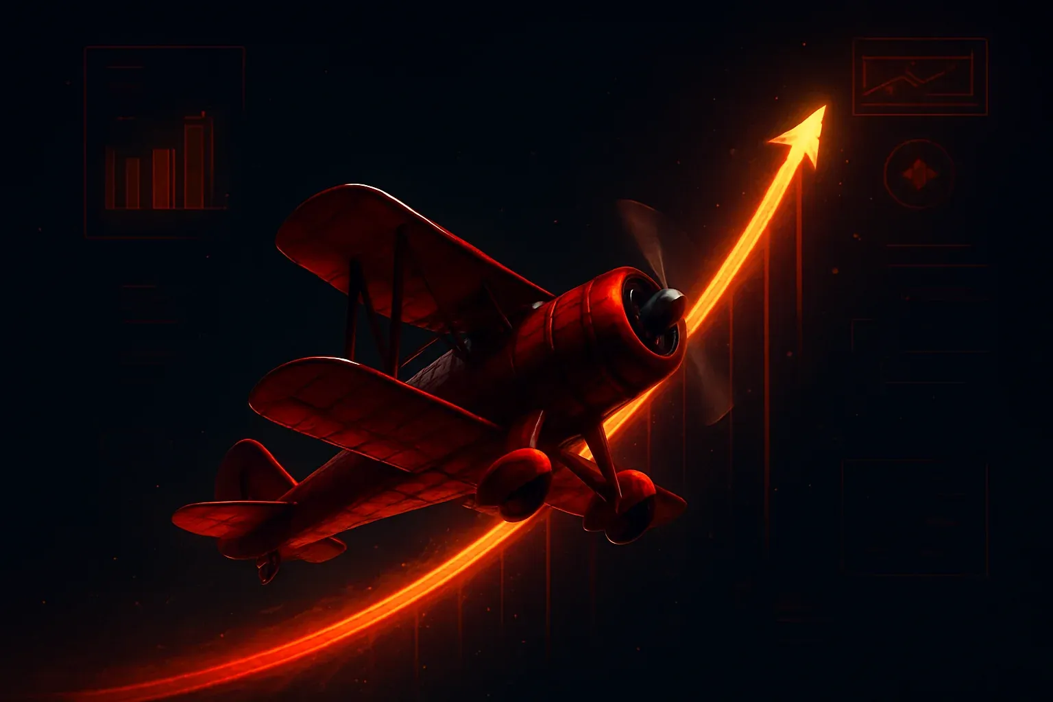 Avión aviador rojo subiendo con curva brillante en cielo nocturno