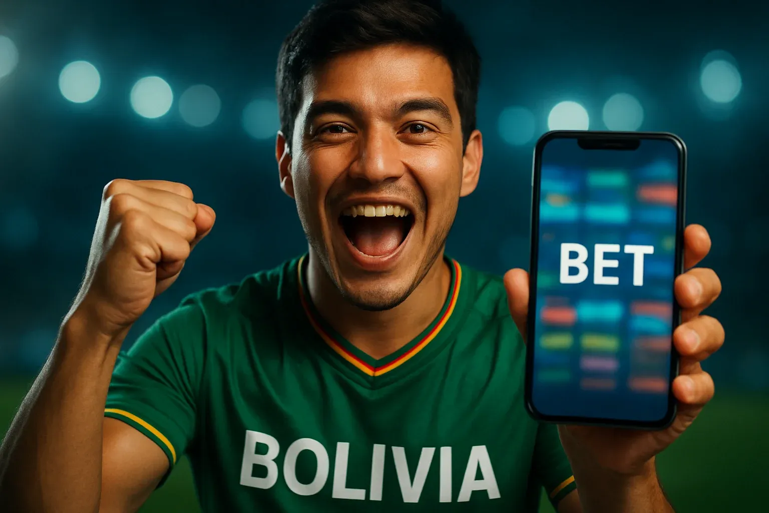 Joven boliviano celebrando con celular mostrando apuesta deportiva en pantalla