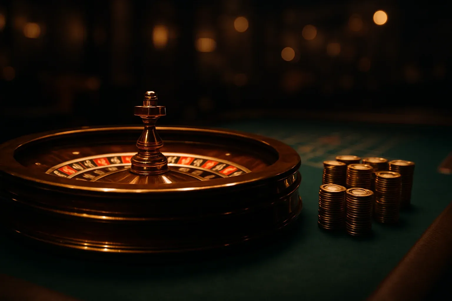 Mesa elegante de casino en vivo con ruleta brillante y fichas doradas