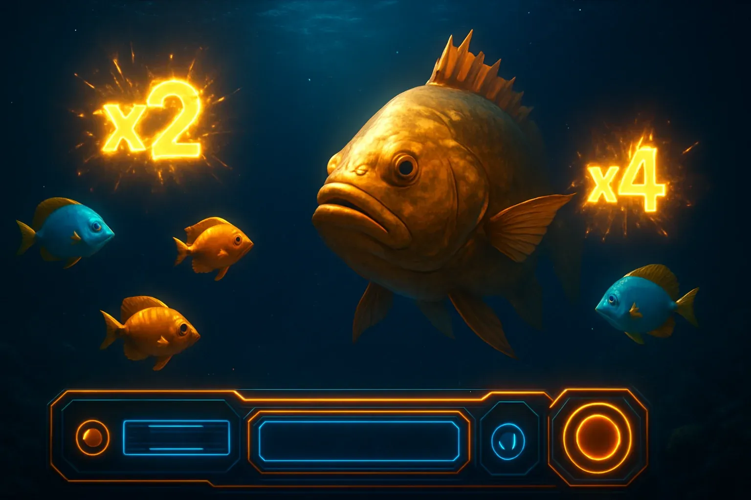 Escena submarina de juego con pez dorado gigante y peces brillantes