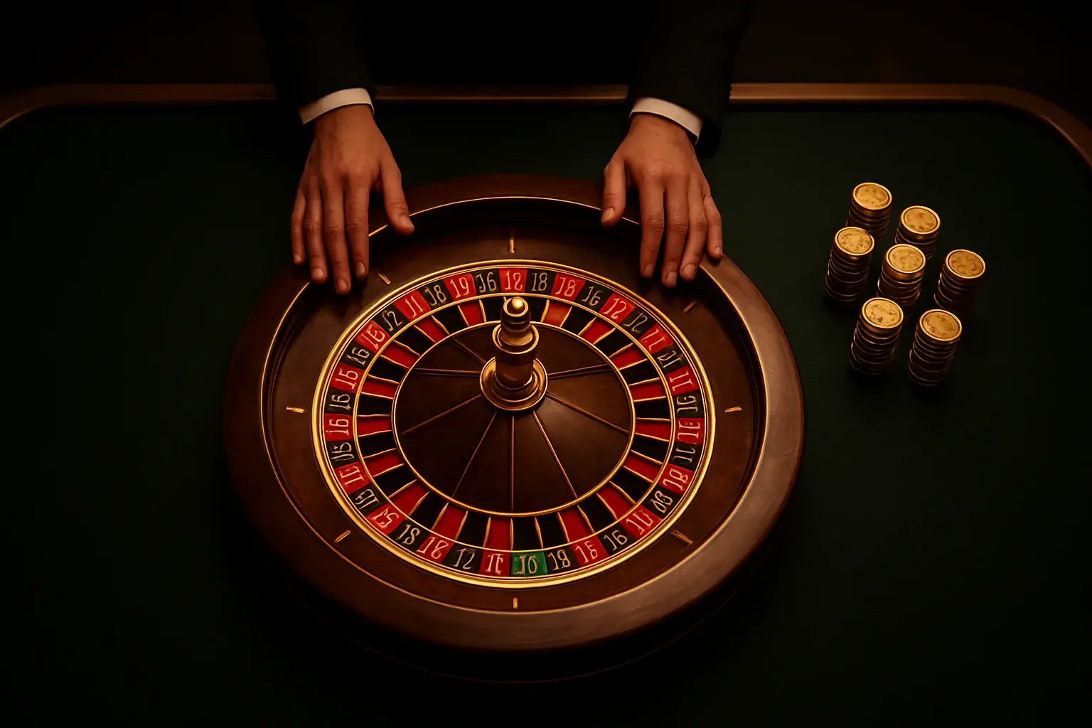Mesa elegante de casino en vivo con ruleta brillante y fichas doradas