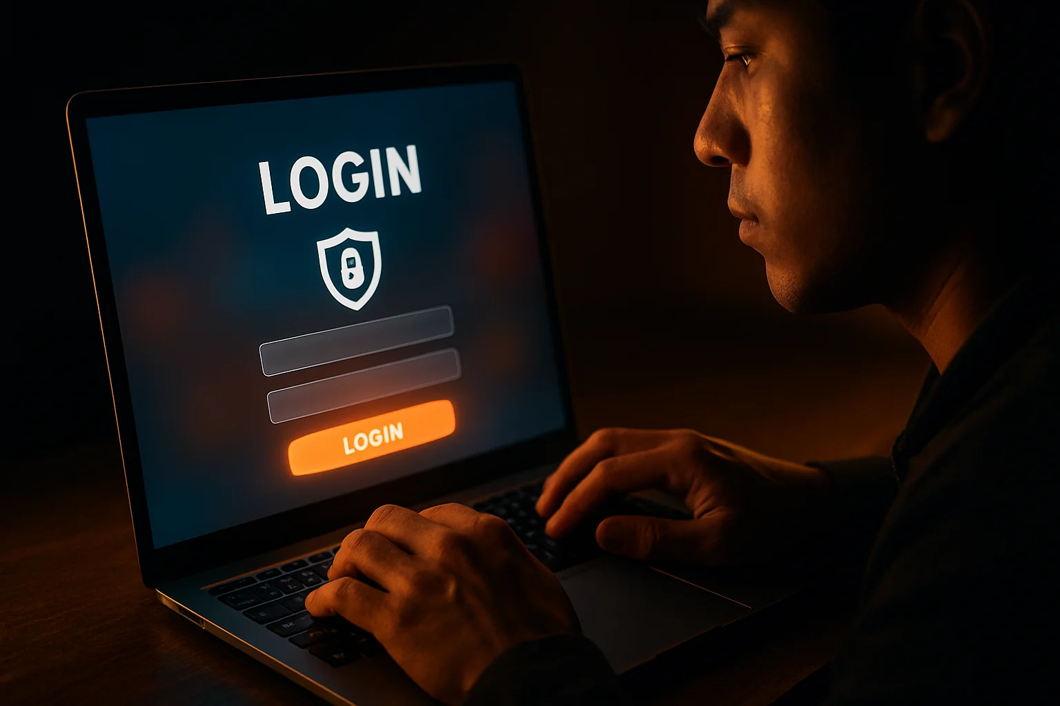 Manos de joven boliviano en laptop con pantalla de login