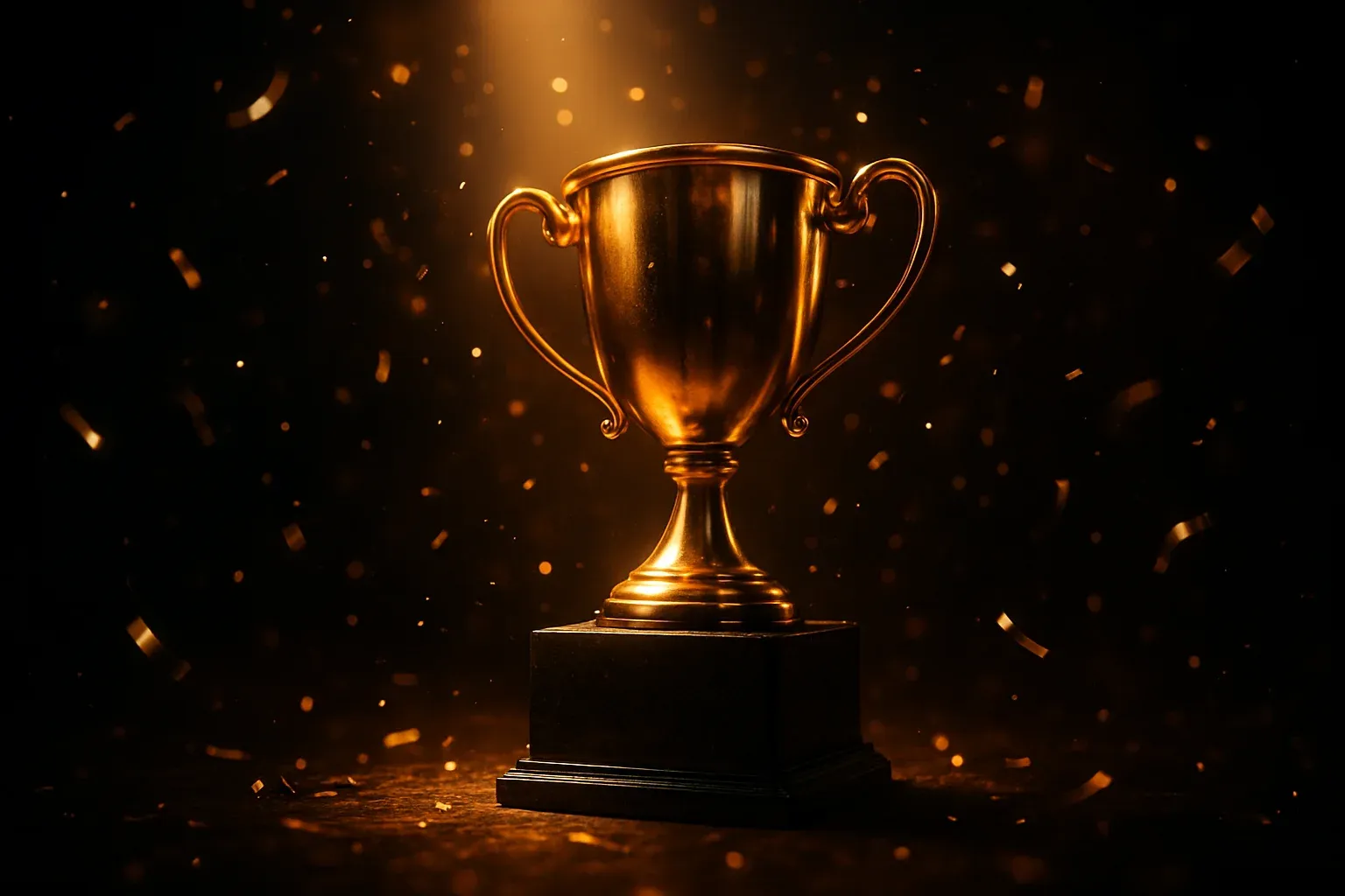 Trofeo dorado brillante sobre pedestal con confeti y luces en ambiente lujoso