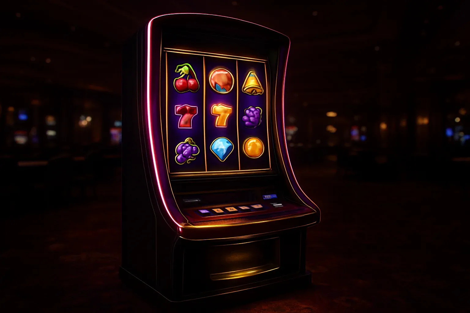 Máquina tragamonedas premium completa en casino oscuro con tres carretes verticales