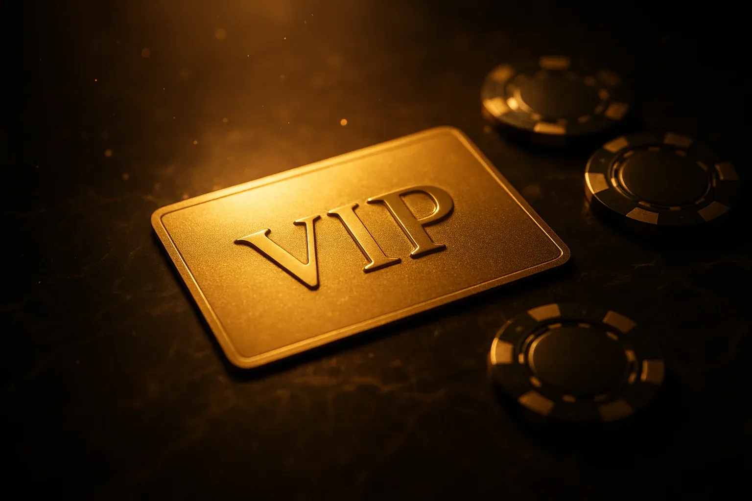 Tarjeta VIP dorada brillante sobre mármol oscuro con fichas premium